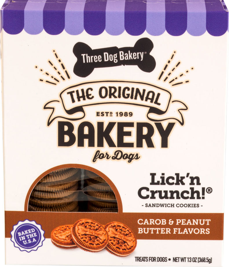 Three Dog Bakery Lick 'n Crunch Sandwich Cookies, Carob/Peanut Butter, 13 oz - Edible Bones & Biscuits