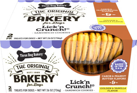 Three Dog Bakery Lick 'n Crunch Sandwich Cookies, Carob/Peanut Butter & Vanilla, 26 oz - Edible Bones & Biscuits