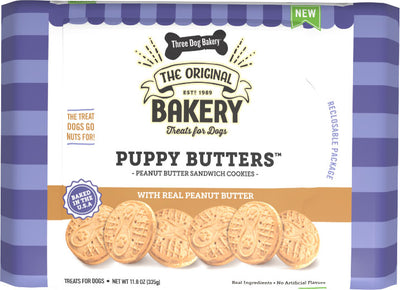 Three Dog Bakery Puppy Butters Sandwich Cookies, Peanut Butter, 11 oz - Soft Treats