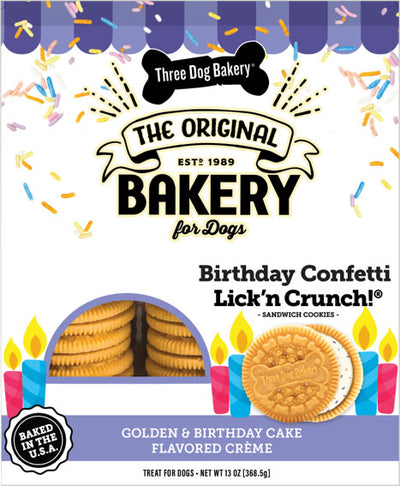 Three Dog Bakery Lick 'n Crunch Sandwich Cookies, Birthday Cake, 13 oz - Edible Bones & Biscuits