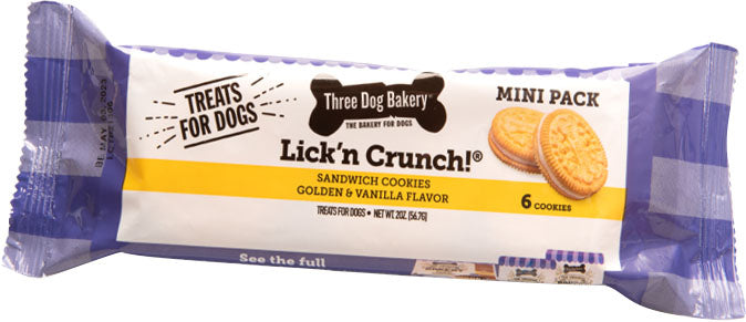 Three Dog Bakery Lick 'n Crunch Sandwich Cookies Single Serving Pdq, Golden/Vanilla, 24pk-2 oz - Edible Bones & Biscuits