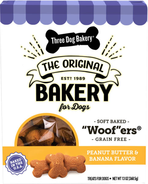 Three Dog Bakery Woofers Grain Free Soft-Baked Cookies, Peanut Butter/Banana, 13 oz - Soft Treats