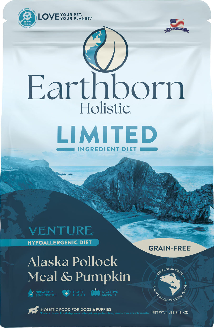 Earthborn Holistic Venture Lid Grain Free Dog Food, Pollock/Pumpkin, 4 lb - Dry