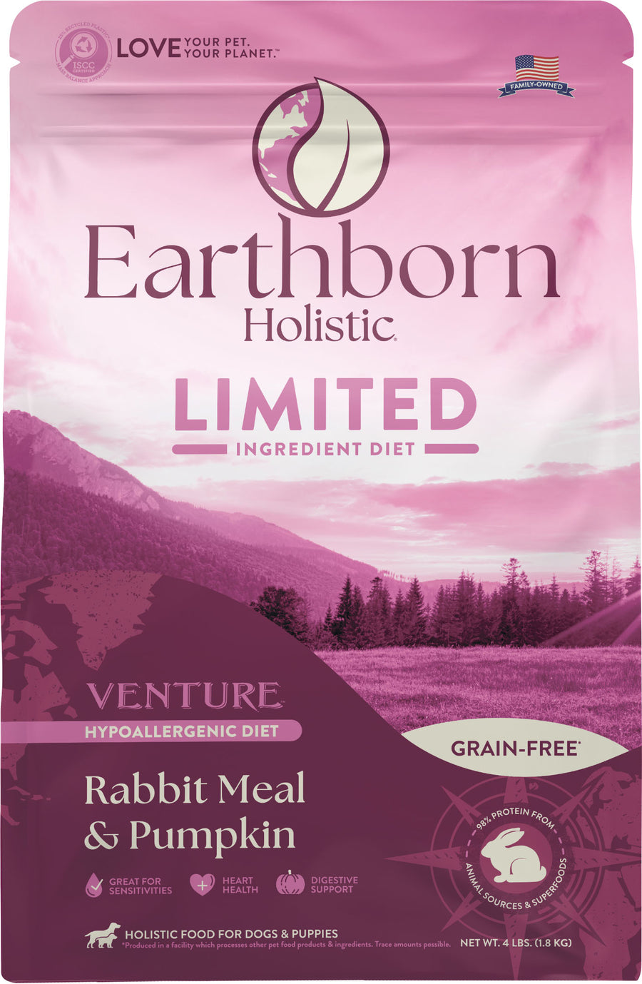 Earthborn Holistic Venture Lid Grain Free Dog Food, Rabbit, 4 lb - Dry