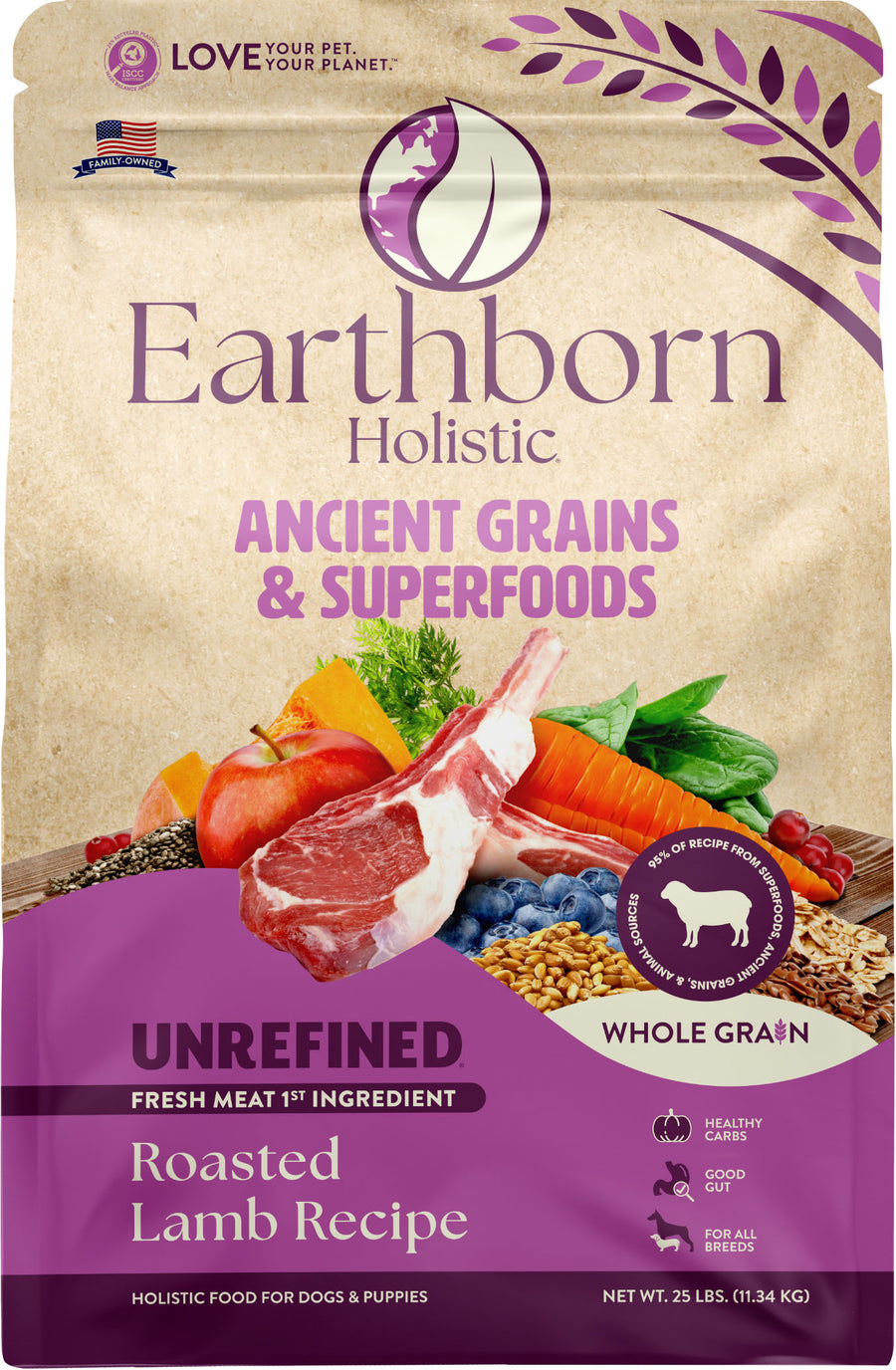 Earthborn Holistic Unrefined Whole Grain Dog Food, Roasted Lamb, 25 lb - Pet