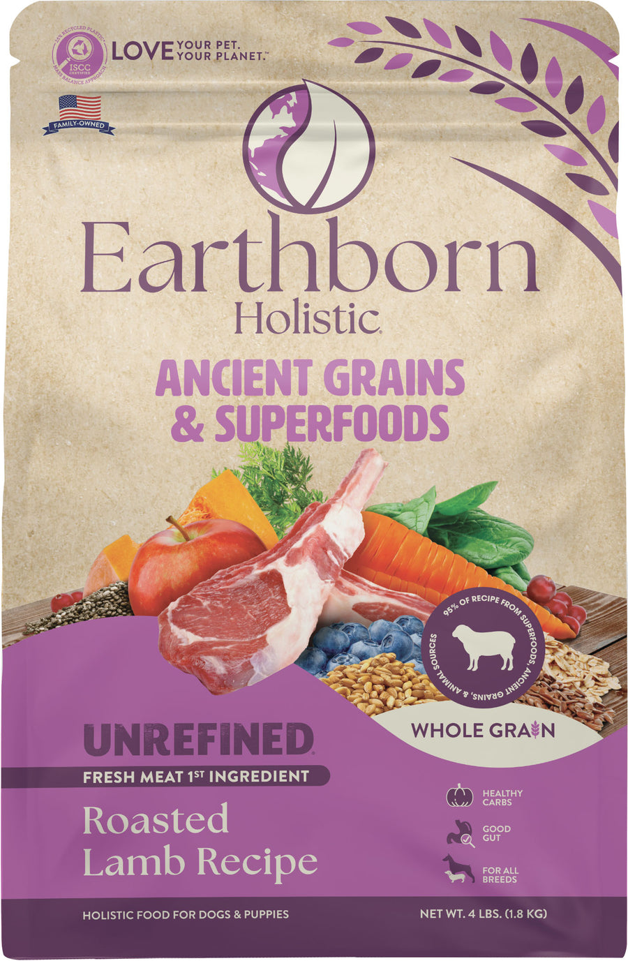Earthborn Holistic Unrefined Whole Grain Dog Food, Roasted Lamb, 4 lb - Dry