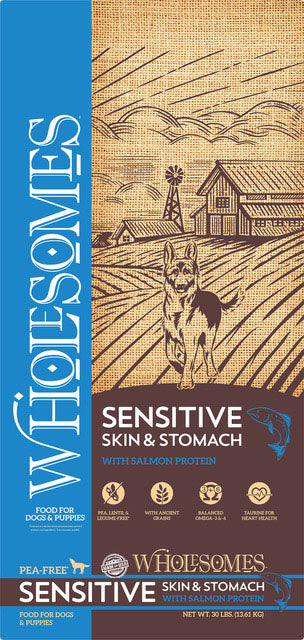 Wholesomes Sensitive Skin & Stomach Food, Salmon/Brown Rice, 30 lb - Dry
