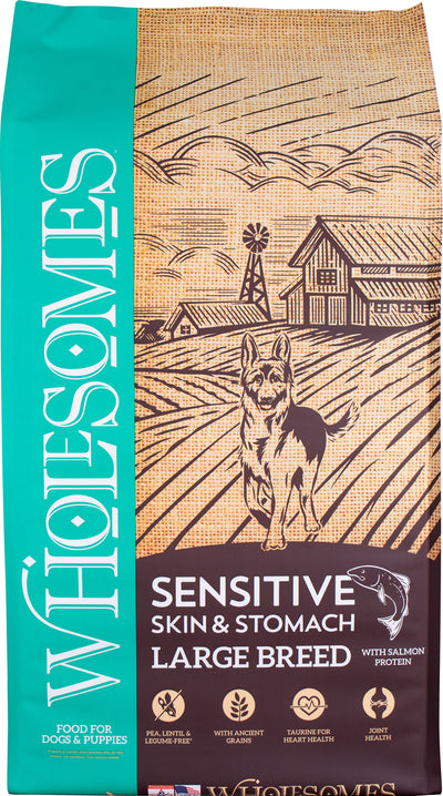 Wholesomes Lrg Breed Sensitive Skin & Stomach Food, Salmon, 30 lb - Dry