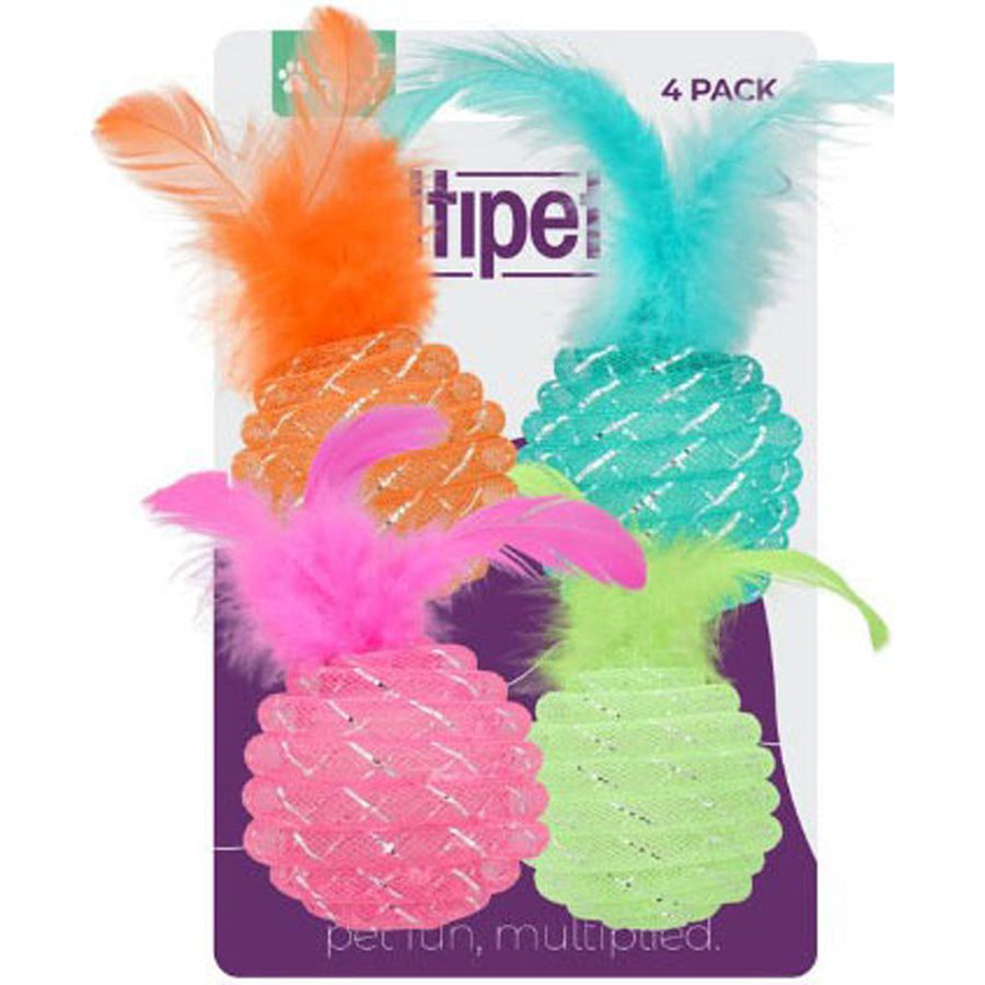 Multipet Mesh Ball W/Feather Cat Toys, sm-4 pk - Catnip