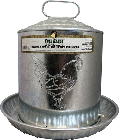 Free Range Galvanized Poultry Double Wall Drinker, 2 gal - Galvanized Waterer