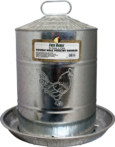 Free Range Galvanized Poultry Double Wall Drinker, 5 gal - Galvanized Waterer