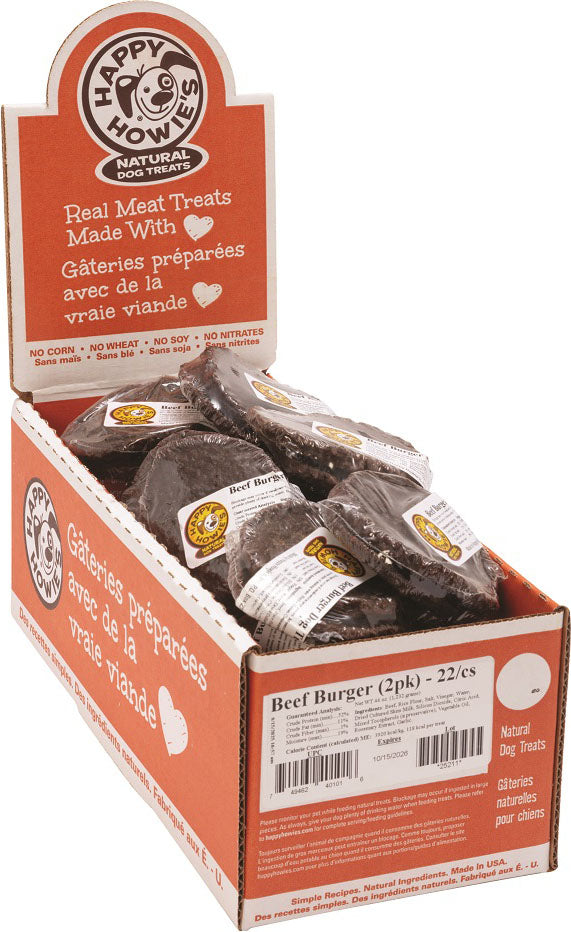 Happy Howie's Burger Dog Treat Counter Display, Beef, 2 pk-22 pc - Soft Treats