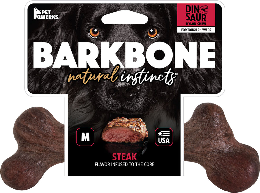 Pet Qwerks Dinosaur Barkbone USA Extreme Dog Chew, Steak, MD - Hard Plastic