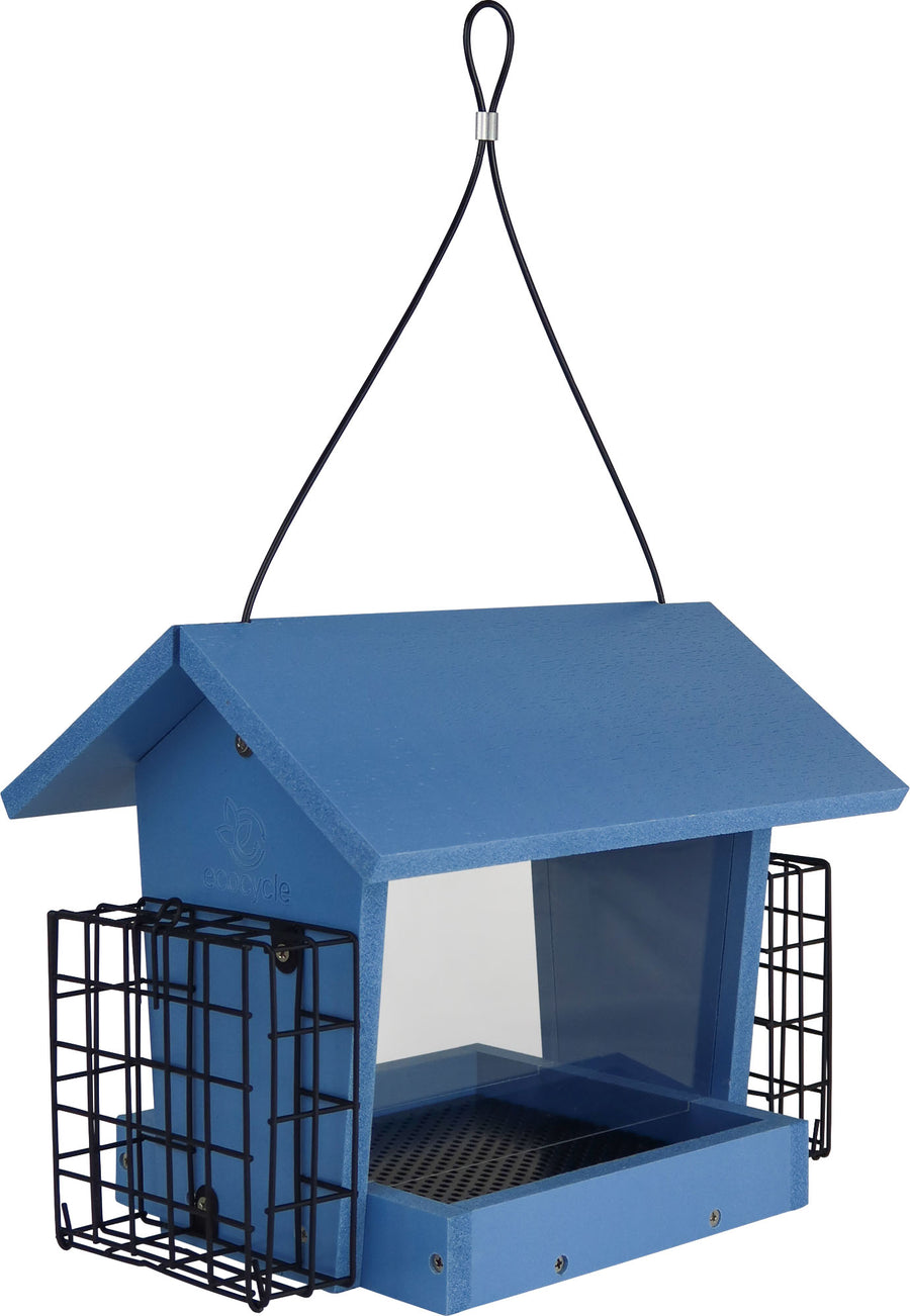 Nature's Way Ecocycle Hopper Hangout Bird Feeder w/ Suet, Blue, 3 qt Cap - Hopper Feeders Wooden