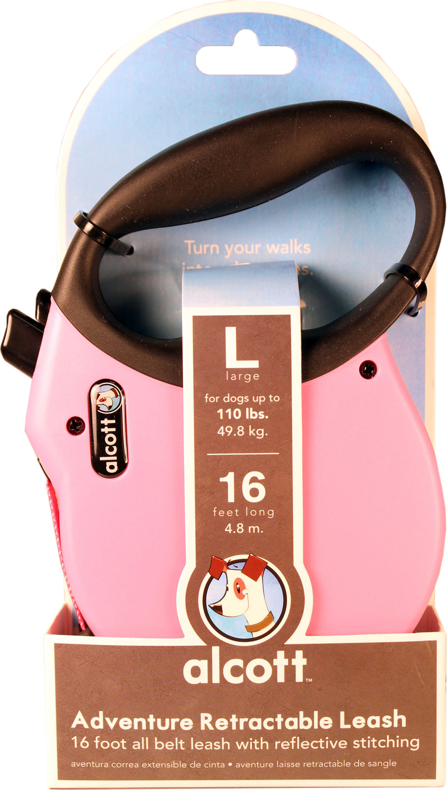 Alcott Adventure Retractable Belt Leash, Pink, lg-16 ft - Retractable Leads