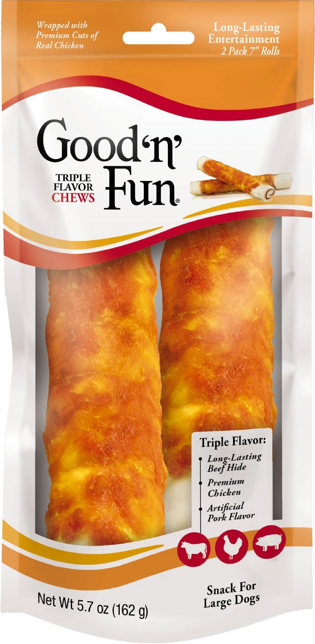 Good 'n' Fun Triple Flavor Rolls, Pork/Beef/Chicken, 7 in-2 pk - Long Lasting Chews