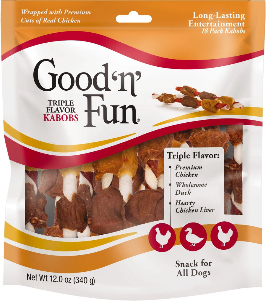 Good 'n' Fun Triple Flavor Kabobs, Chicken/Duck/Liver, 12 oz - Long Lasting Chews