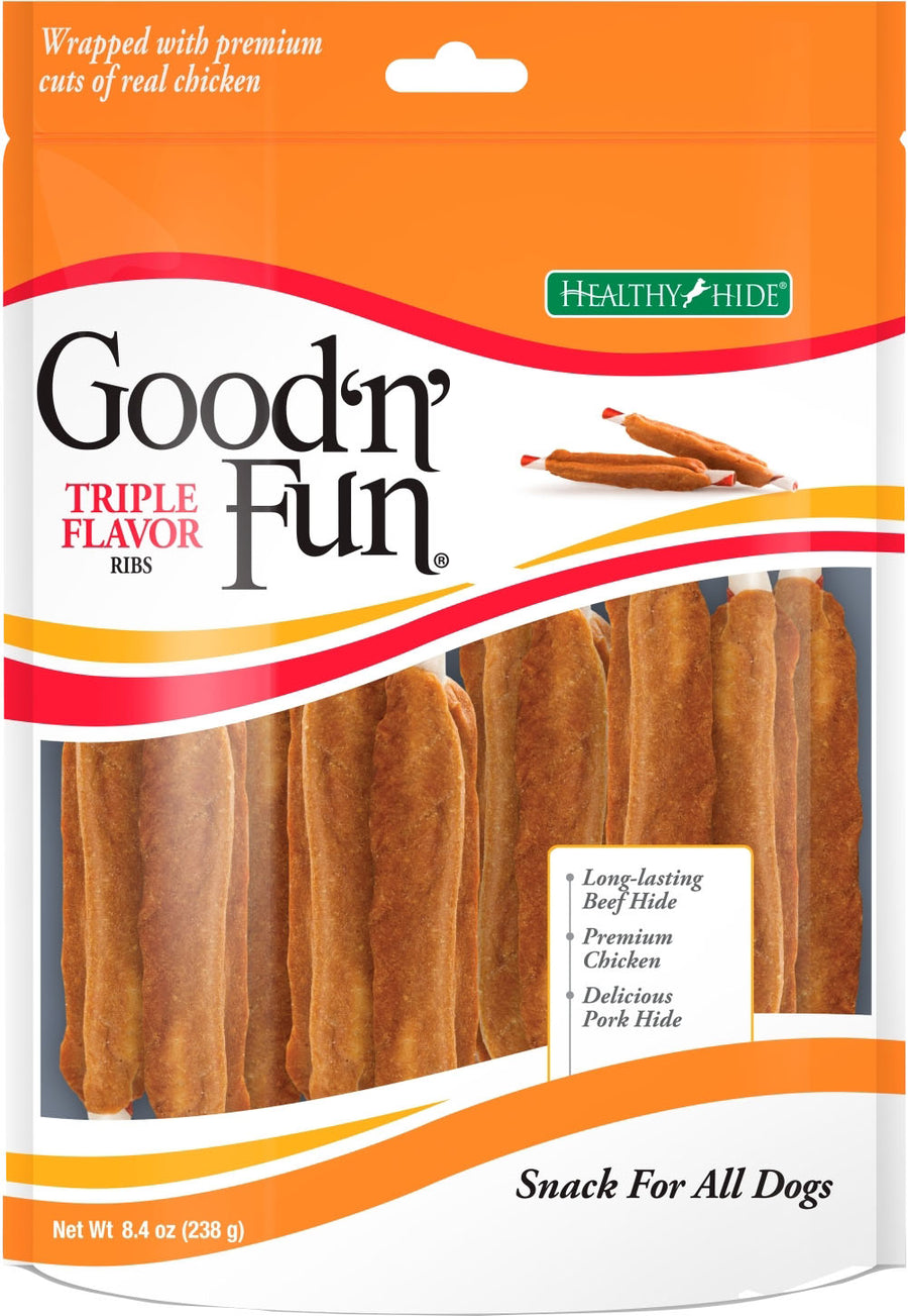 Good 'n' Fun Triple Flavor Ribs, Pork/Beef/Chicken, 8 oz - Long Lasting Chews