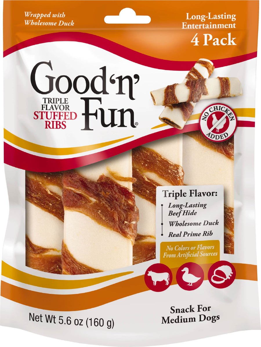 Good 'n' Fun Triple Flavor Stuffed Ribs, Beef/Duck/Pork, 4 ct - Rawhide/ Body Parts