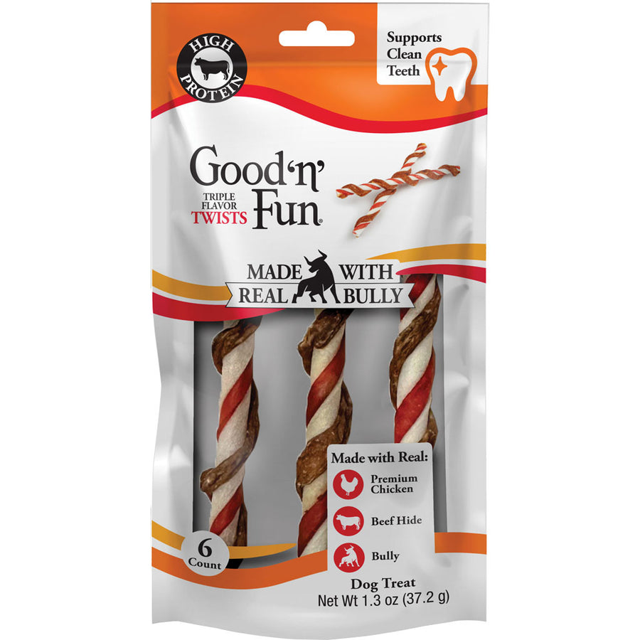 Good 'n' Fun Triple Flavor Twists, Beef/Chicken/Bully, 1.3 oz-6 pk - Long Lasting Chews