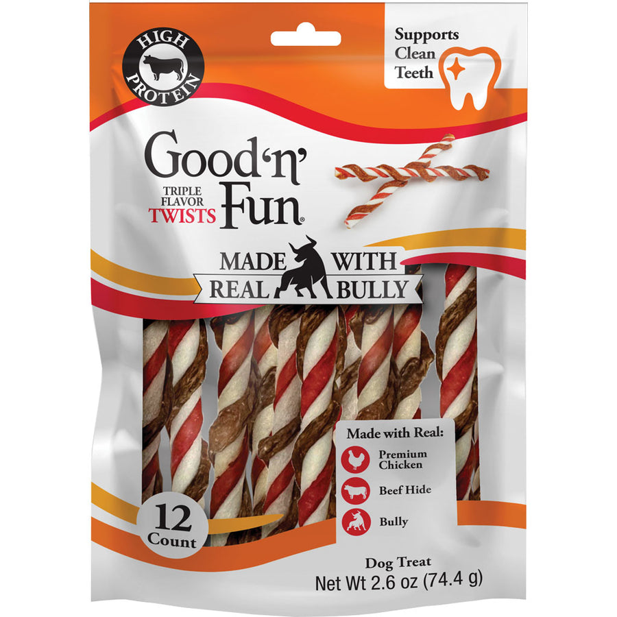 Good 'n' Fun Triple Flavor Twists, Beef/Chicken/Bully, 2.6 oz-12 pk - Long Lasting Chews