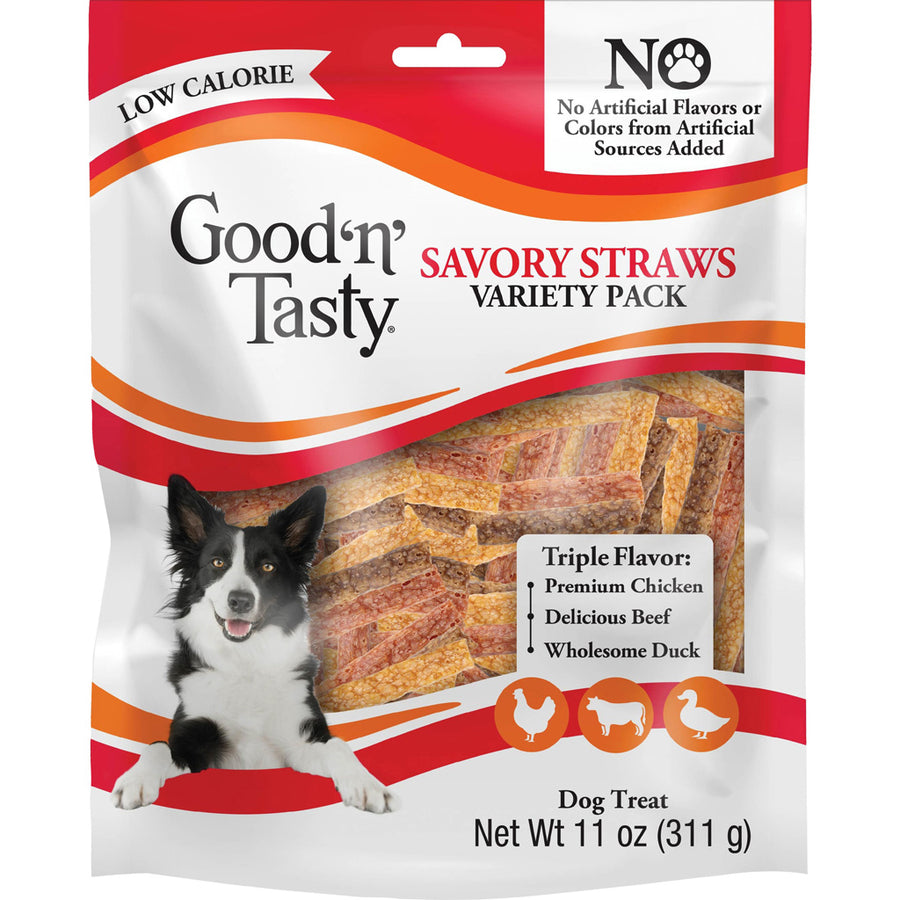 Good 'n' Tasty Savory Straws Variety, Chicken/Beef/Duck, 11 oz - Long Lasting Chews
