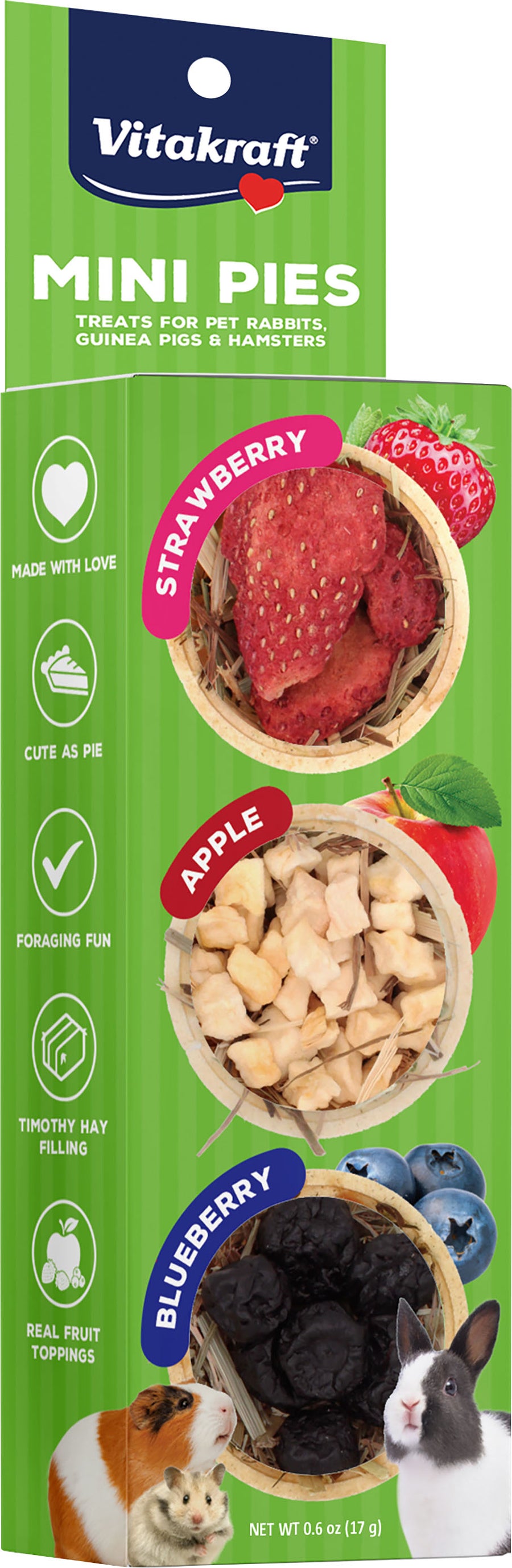 Vitakraft Mini Pie Small Animal Treats, Strawberry/Apple/Blueberry, 0.6 oz - Edibles