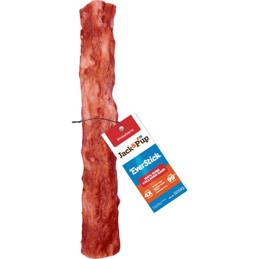 Jack & Pup Everstick 100% Collagen Base Stick, Strawberry, 10 in - Rawhide/ Body Parts