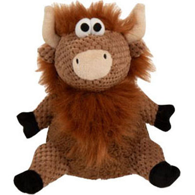 Godog Checkers Sitting Highland Cow Hank Dog Toy, Brown, SM - Plush