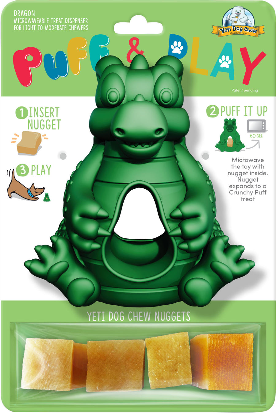 Yeti Pet Products Hangry Dragon Puff/Play Dog Toy, Green - Rubber