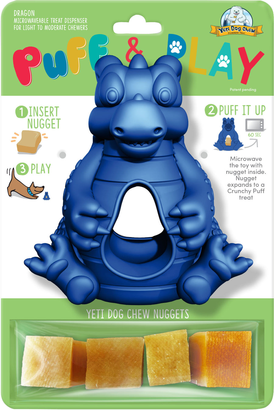 Yeti Pet Products Hangry Dragon Puff/Play Dog Toy, Blue - Rubber