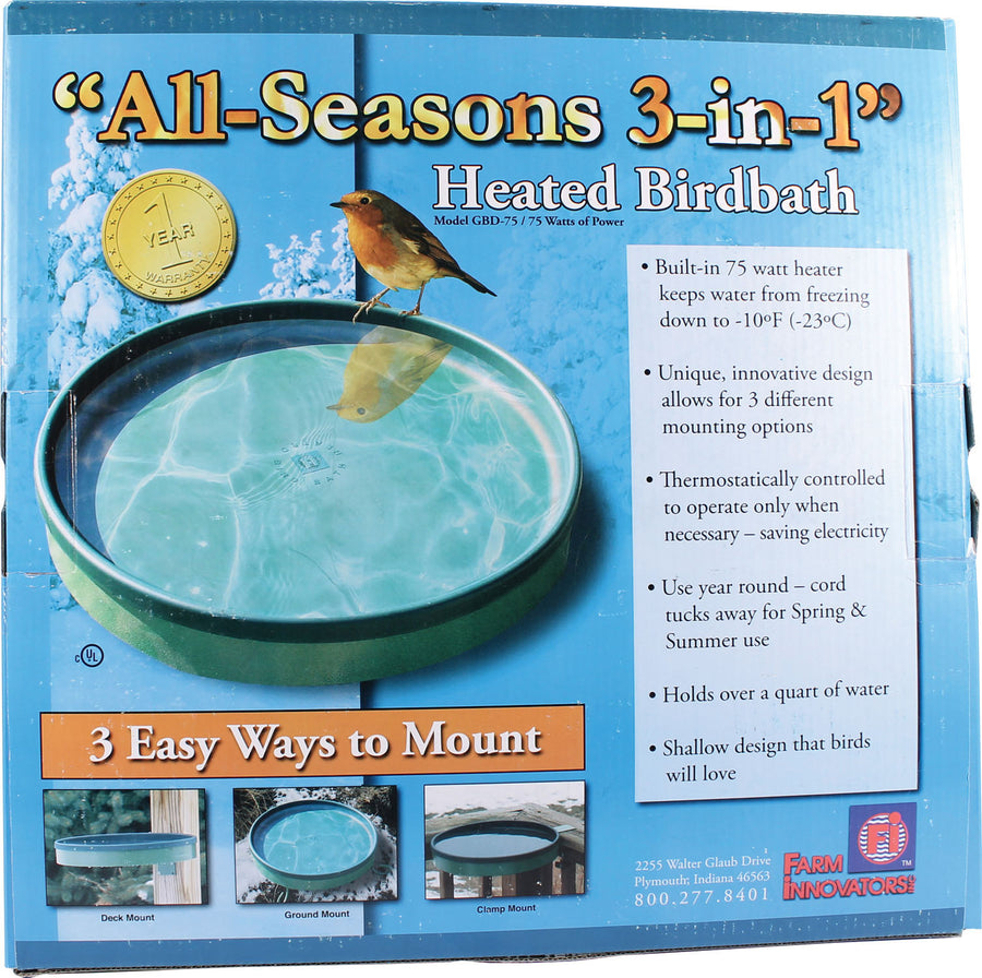Farm Innovators All Seasons 3-in-1 Heated Birdbath, Green, 75 Watt - Baths-Heaters & Deicers