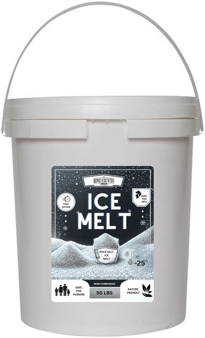 Rock Salt Ice Melt Effective to -25°F, Eco-Friendly De-Icer, Optimal Granule Size for Quick Melting, Ideal for Driveways, Walkways, and Entryways 50 lb Pail