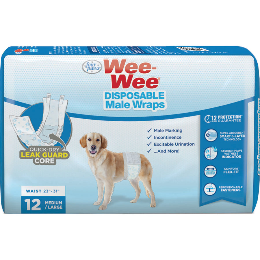 Four Paws Wee-Wee Male Dog Wraps W/Wetness Indicator, md/lg-12 pk - Diapers