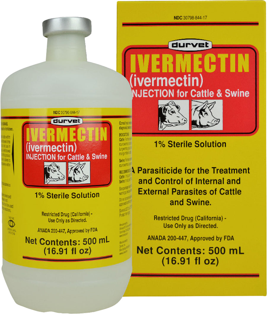 Durvet Ivermectin 1% Injection for Cattle & Swine, 500 ml - Wormer Injectable