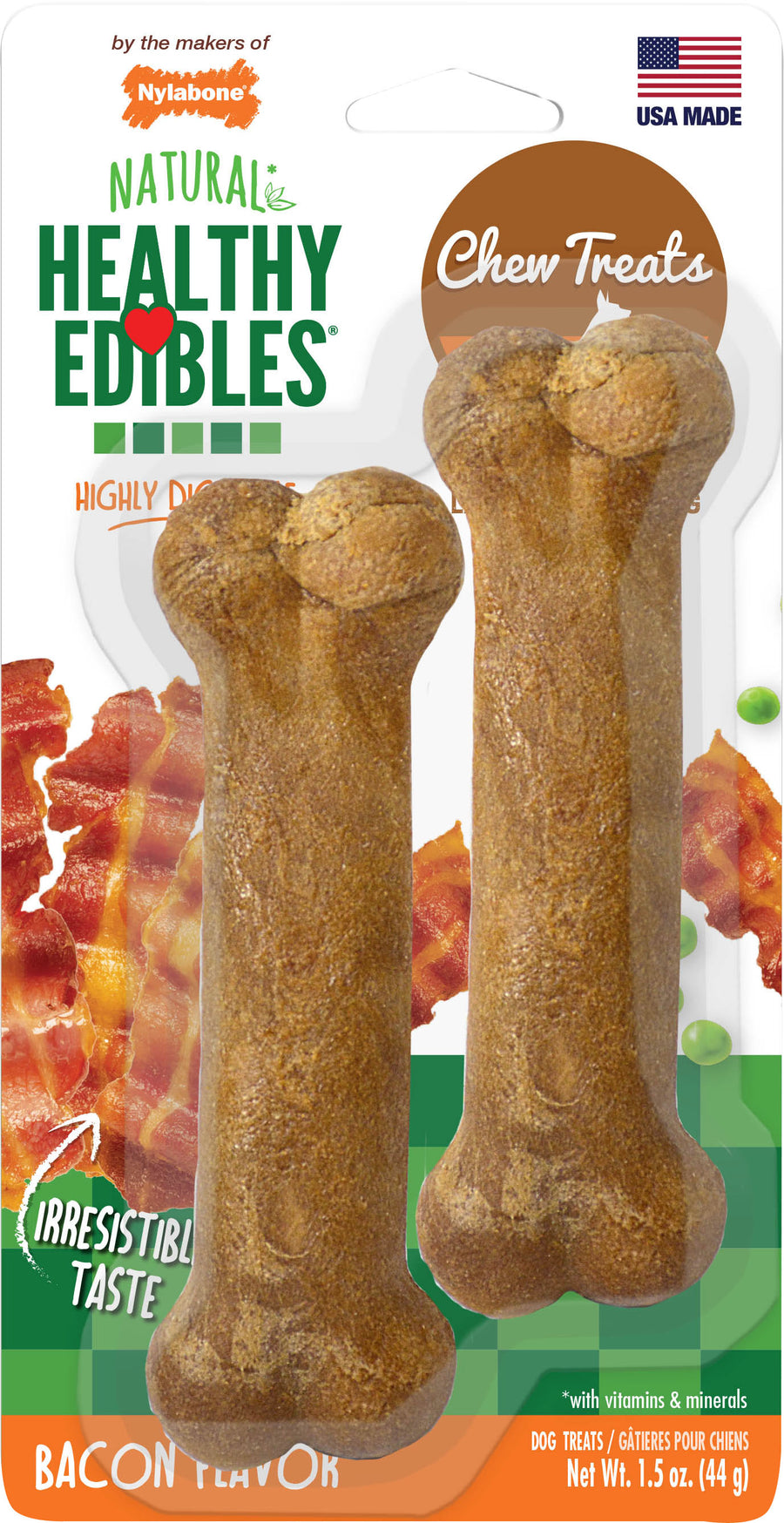 Nylabone Healthy Edibles Natural Chew, Bacon, Petite-2 pk - Edible Bones & Biscuits