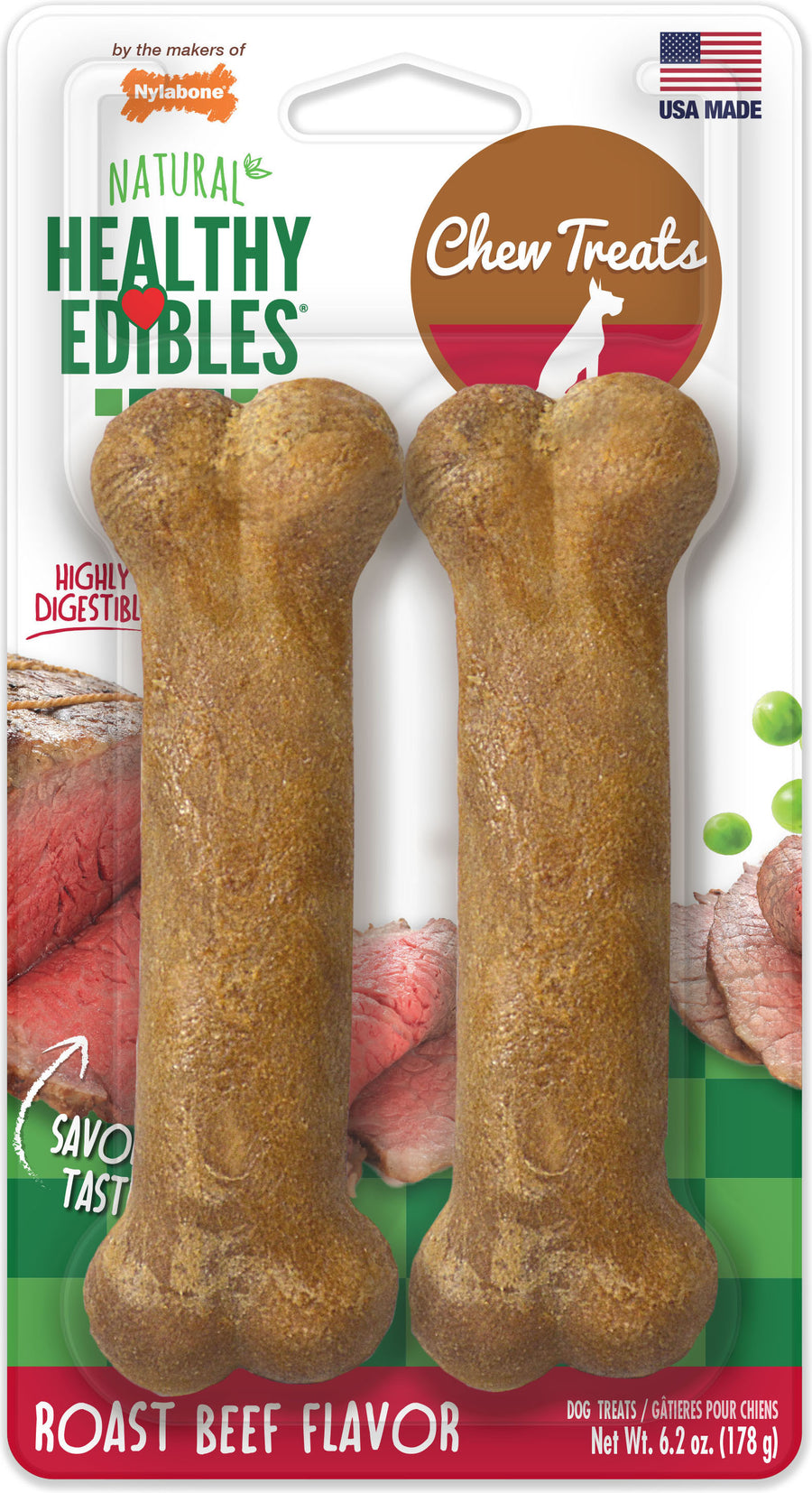 Nylabone Healthy Edibles Natural Chew, Roast Beef, Wolf-2 pk - Edible Bones & Biscuits