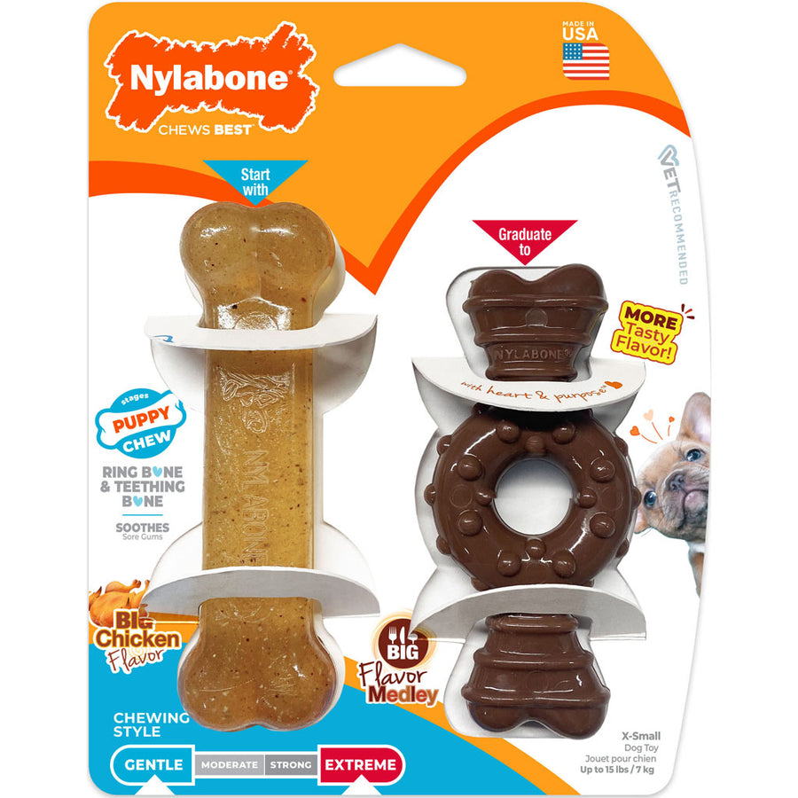 Nylabone Puppy Chew Textured Ring & Bone, Ckn/Flavor Med, xs-2 pk - Hard Plastic