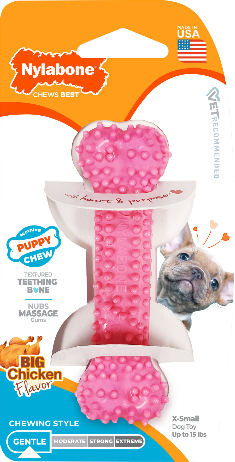 Nylabone Puppy Chew Teething Bone, Pink/Chicken, XS - Hard Plastic