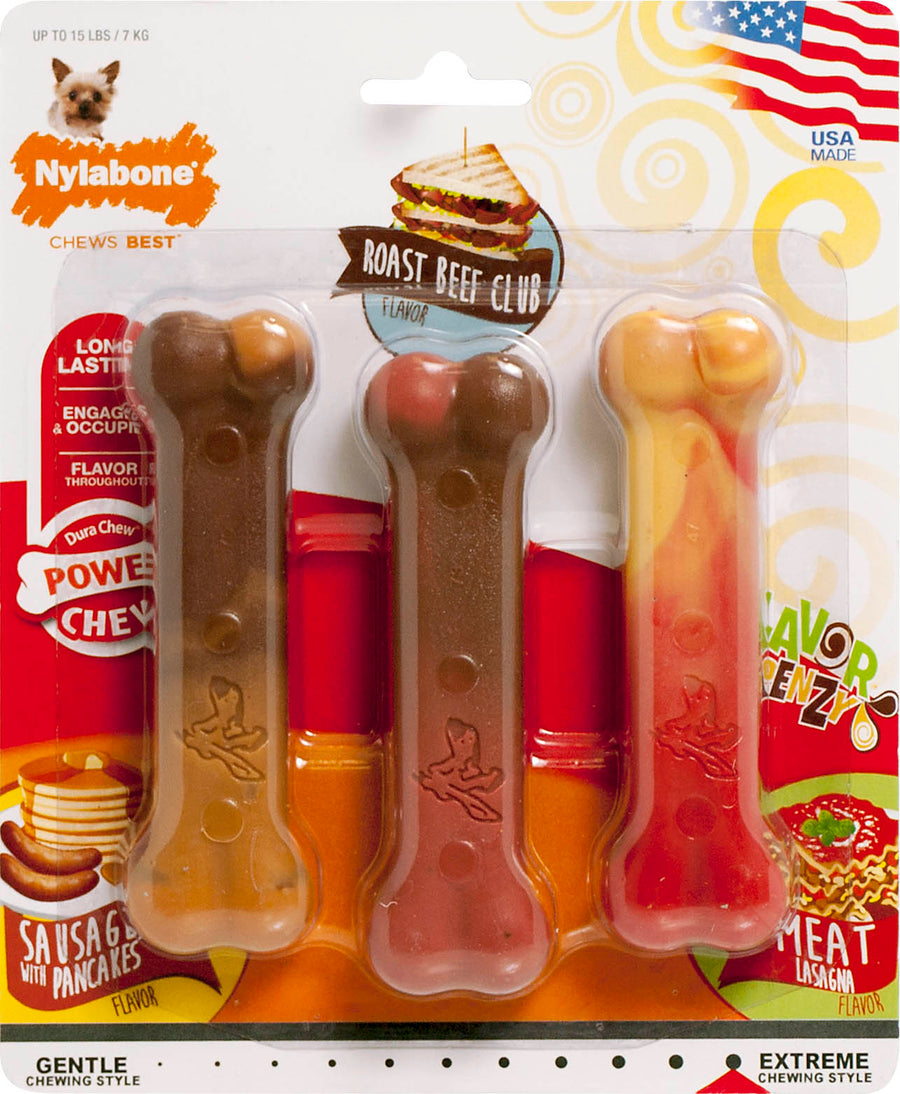 Nylabone Power Chew Flavor Frenzy Variety Pack, Sausage/Beef/Lasagna, xs-3 pk - Hard Plastic