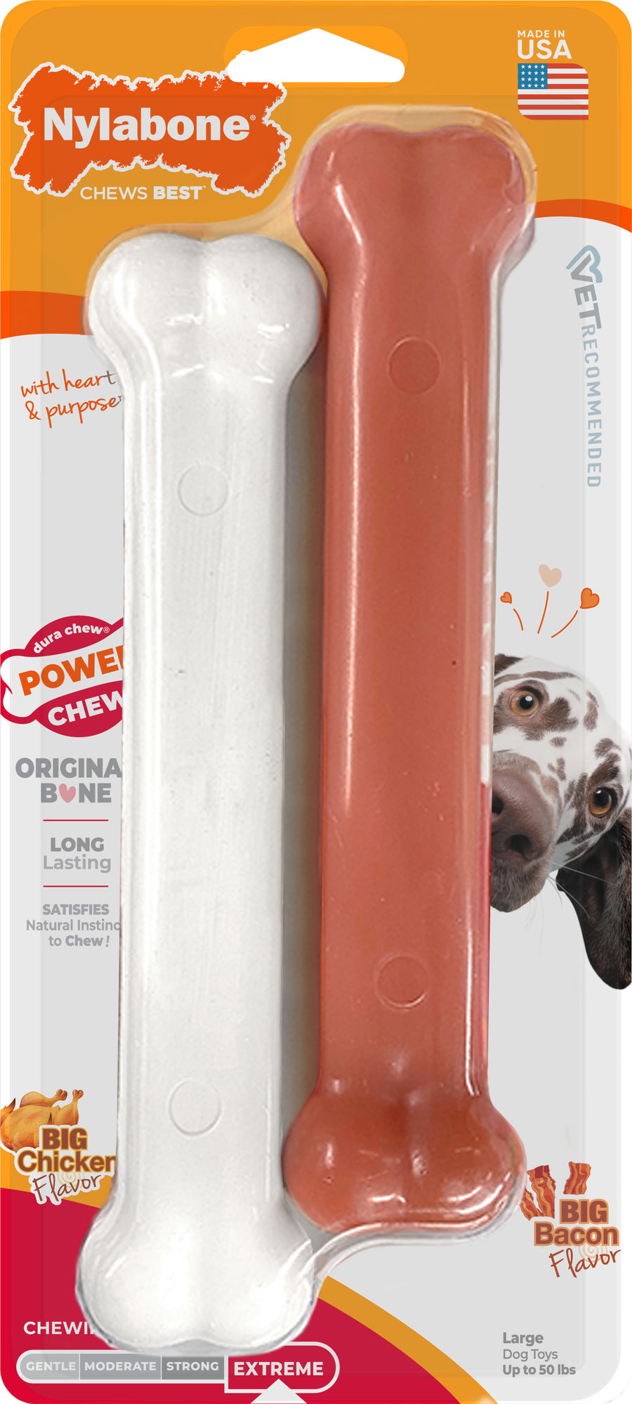 Nylabone Power Chew Bone, Chicken/Bacon, lg-2 pk - Hard Plastic