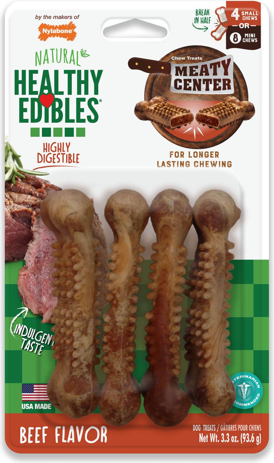 Healthy Edibles Meaty Center Chew Treat, Beef, SM - 4 pk - Edible Bones & Biscuits