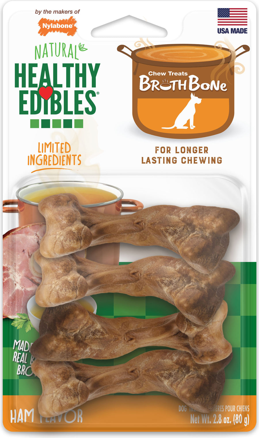 Nylabone Healthy Edibles Broth Bone Natural Chew, Ham, SM - 4 pk - Edible Bones & Biscuits