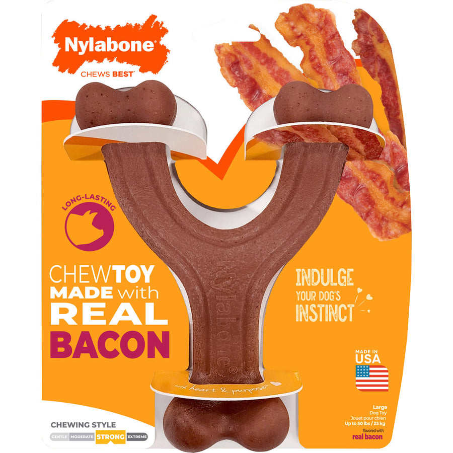 Nylabone Strong Chew Real Ingredient Wishbone, Bacon, LG - Hard Plastic