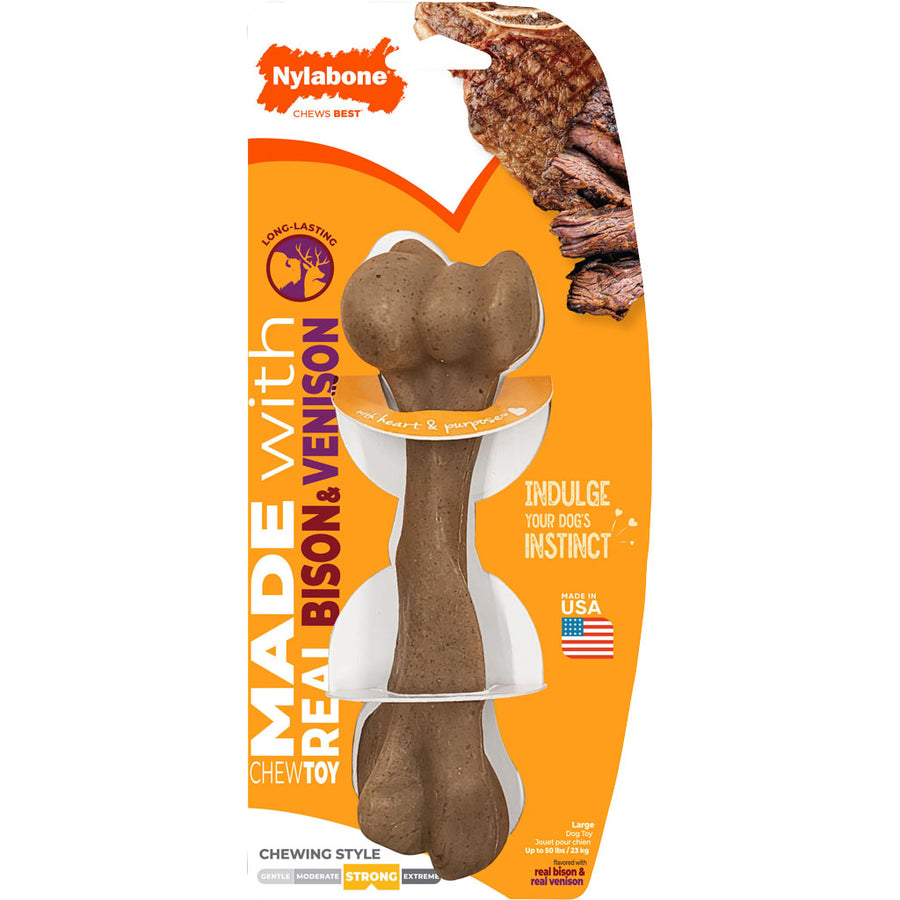 Nylabone Strong Chew Real Ingredient Femur, Bison/Venison, LG - Hard Plastic