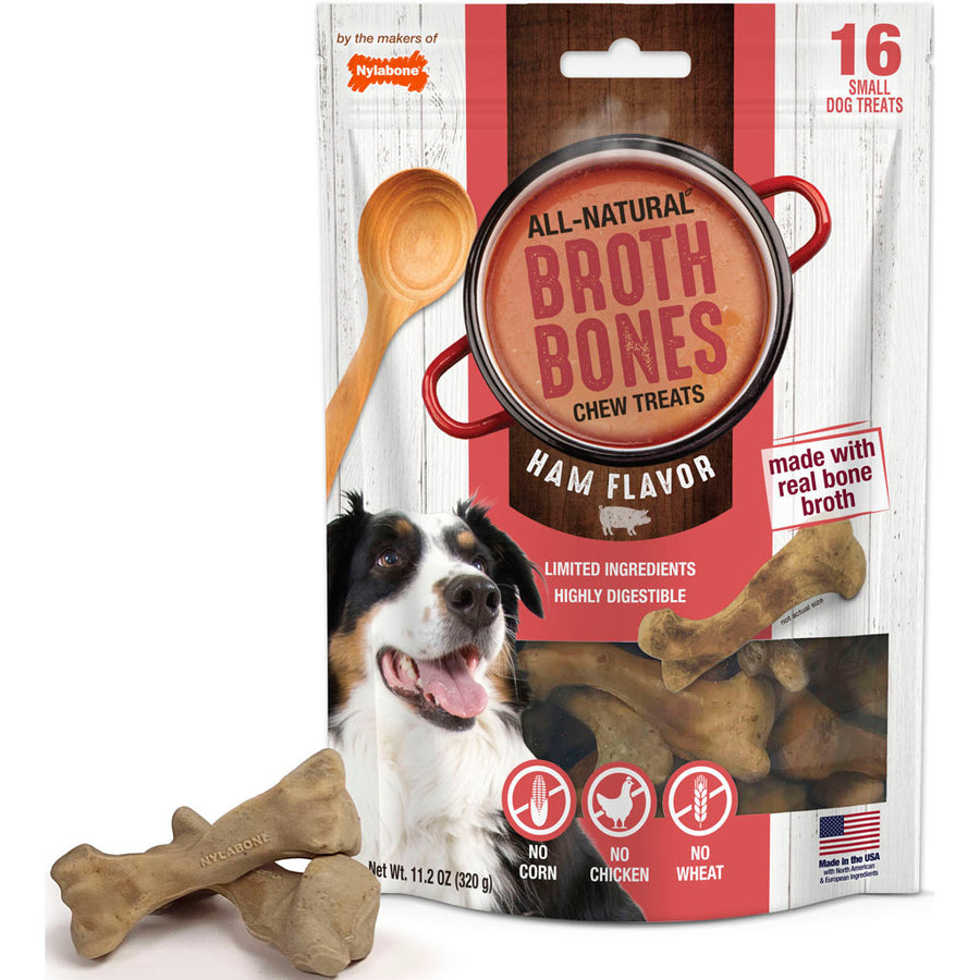 Nylabone Broth Bone Dog Treats, Ham, sm-16 pk - Long Lasting Chews