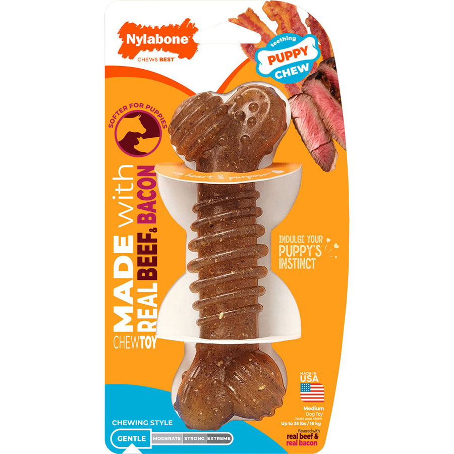 Nylabone Puppy Chew Real Ingredient Bone, Beef/Bacon, MD - Hard Plastic