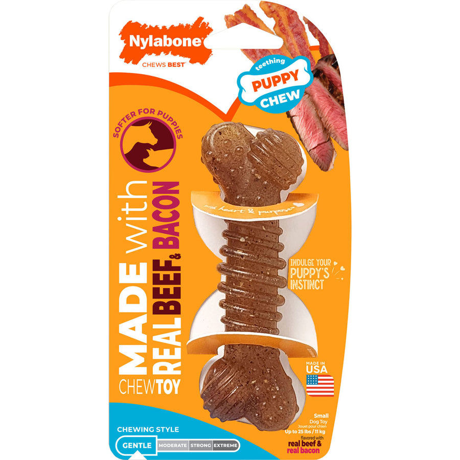 Nylabone Puppy Chew Real Ingredient Bone, Beef/Bacon, SM - Hard Plastic