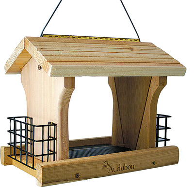 Audubon Cedar Ranch Feeder W/Suet Cages, Tan, 5 lb-2 Cake - Hopper Feeders Wooden