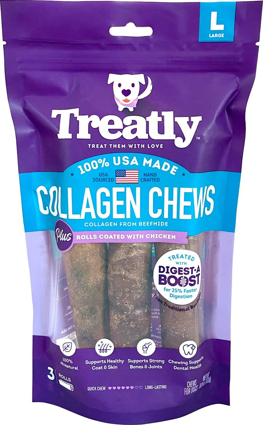 Treatly USA Collagen Rolls, Chicken Meat, 9 in-3 pk - Long Lasting Chews